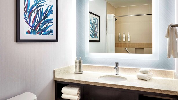 A modern bathroom with a large mirror, a sink, and a toilet. There is a framed artwork on the wall and a towel rack with towels. - Hilton Garden Inn Valencia Six Flags (Valencia)