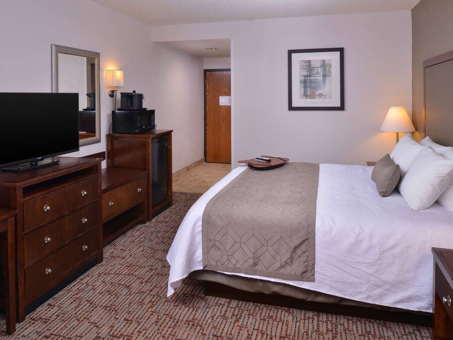 Quarto de hotel com cama, escrivaninha com televisão, cômoda e um quadro na parede.