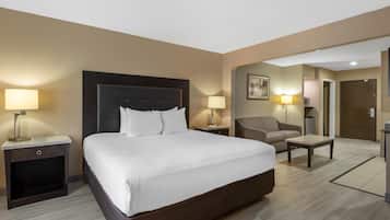 Desk, laptop workspace, blackout drapes, iron/ironing board