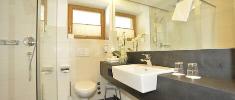 A modern bathroom with a glass shower enclosure, a toilet, a sink with a dark countertop, and a mirror above the sink.