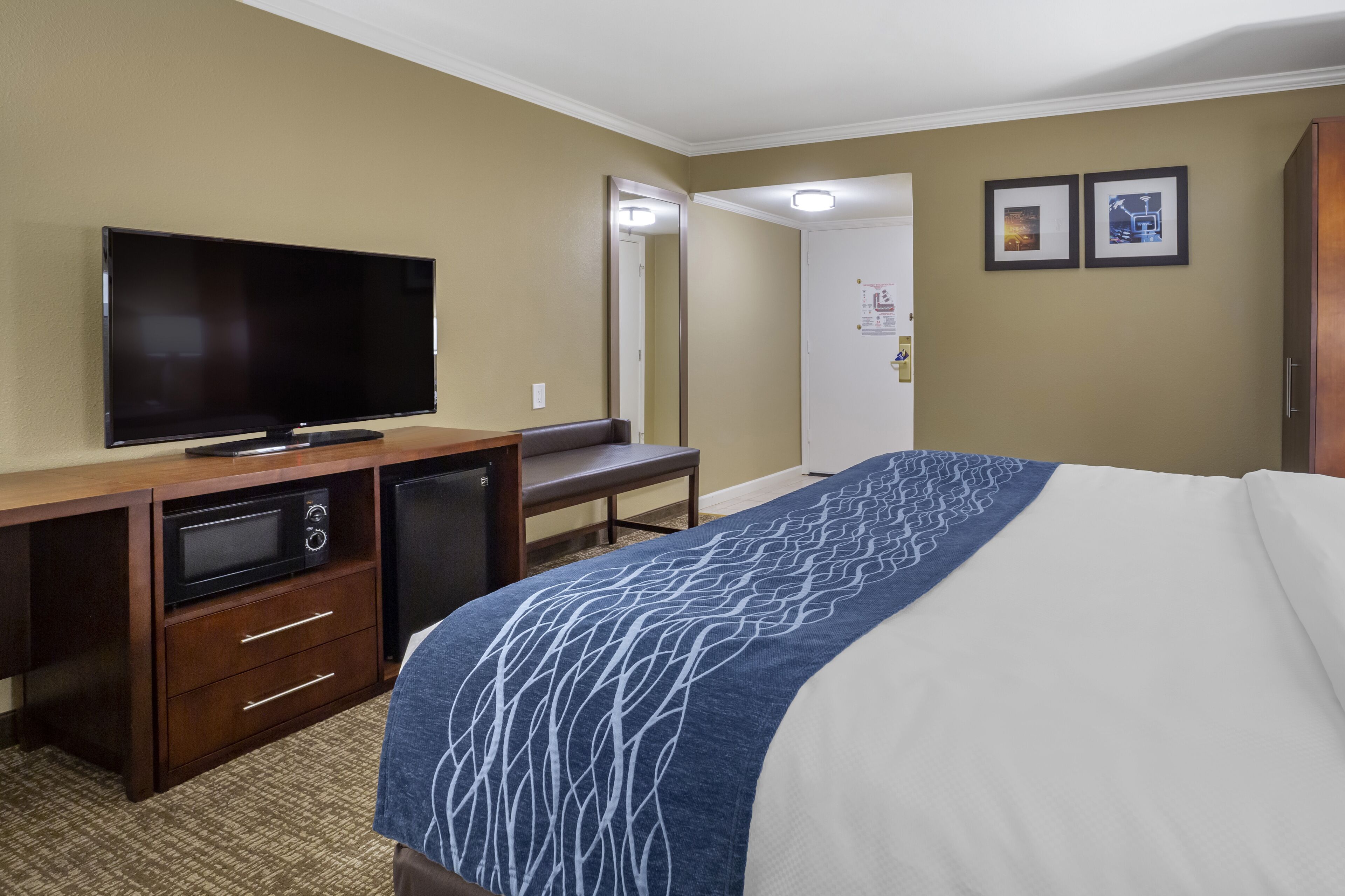 Een hotelkamer met een bed, een bureau met een televisie, een magnetron en een koelkast.