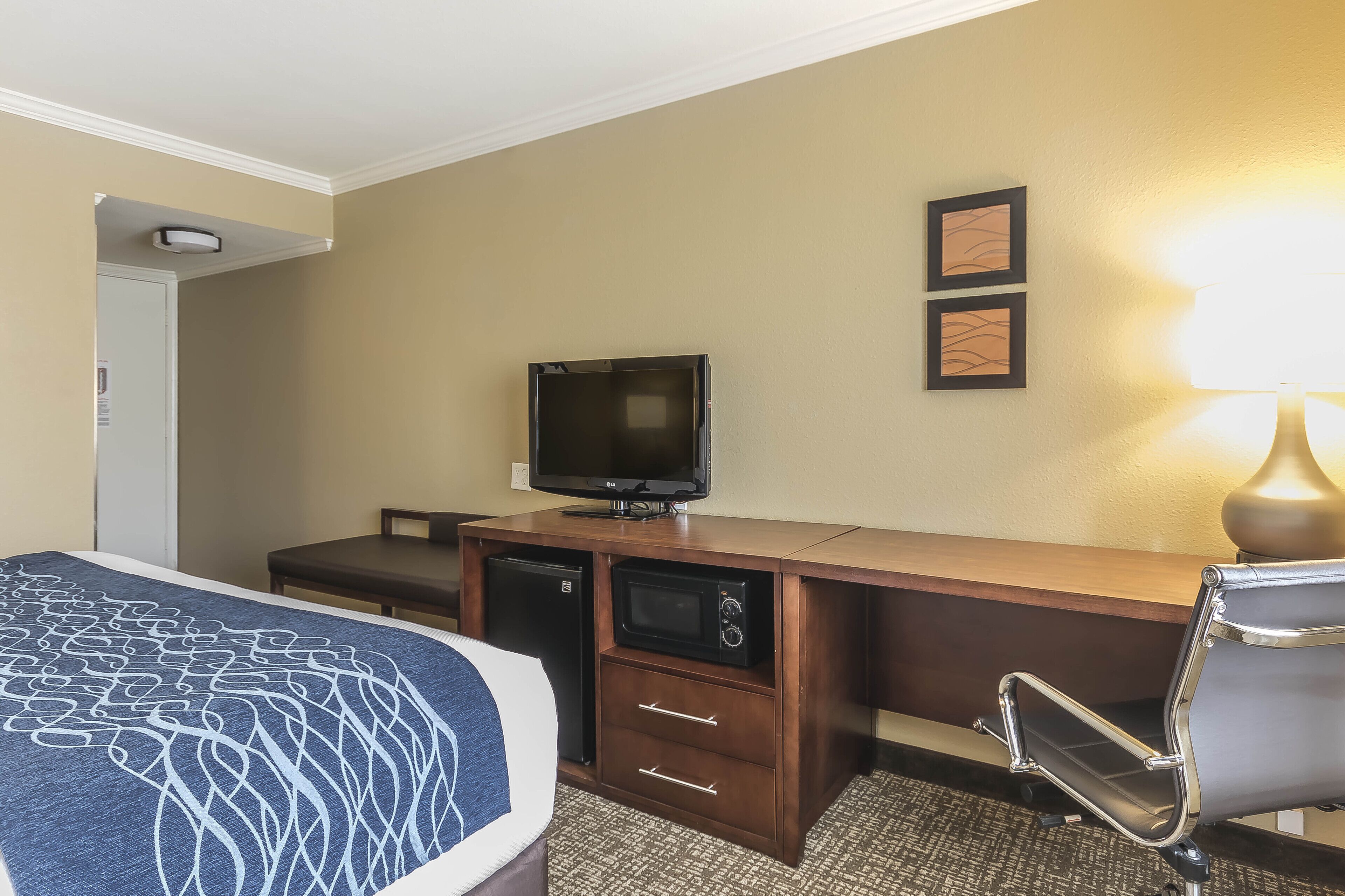 Una habitación de hotel con cama, escritorio con televisor, microondas y silla.