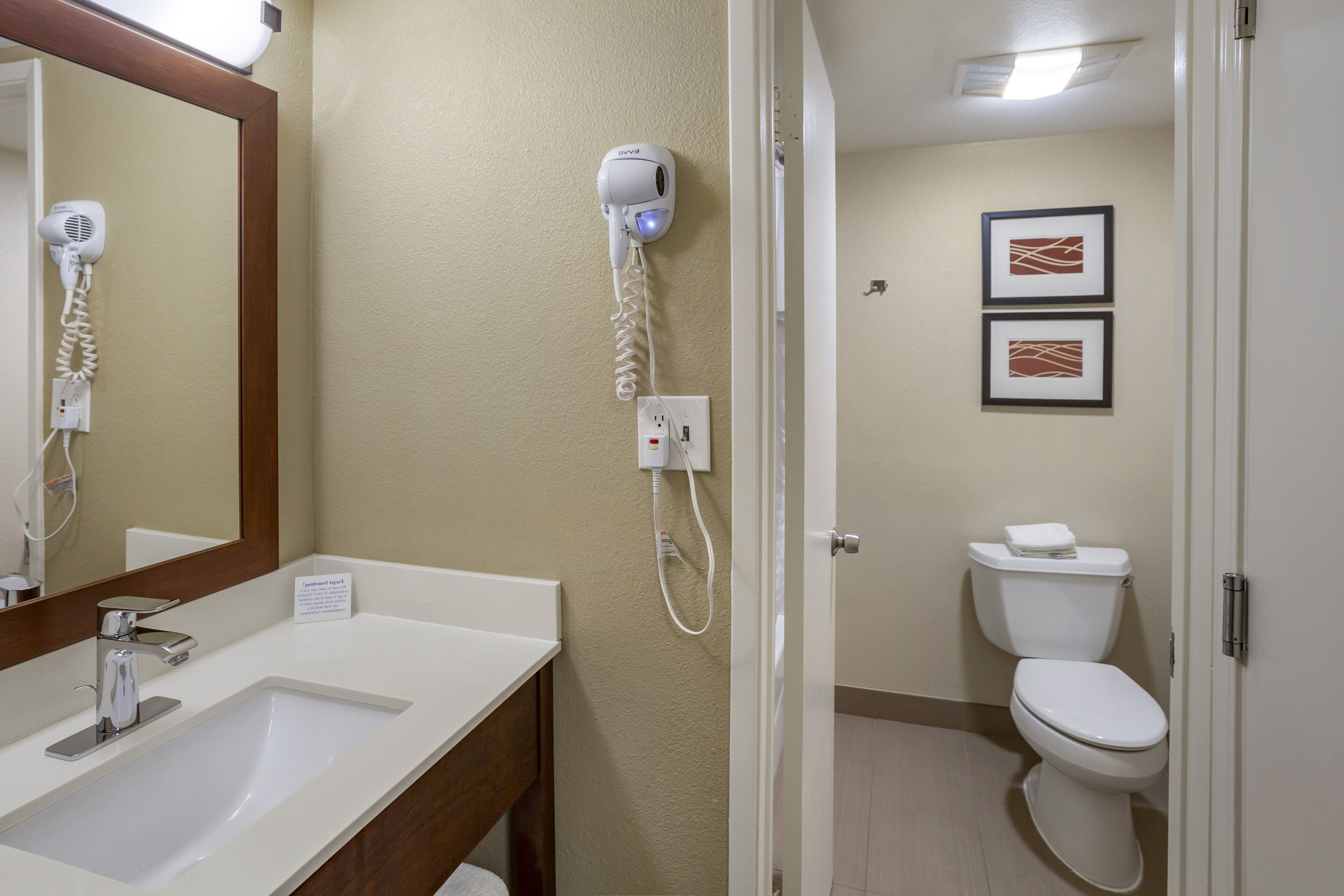 Un baño de hotel con un lavabo, un secador de pelo, un inodoro y dos cuadros en la pared.