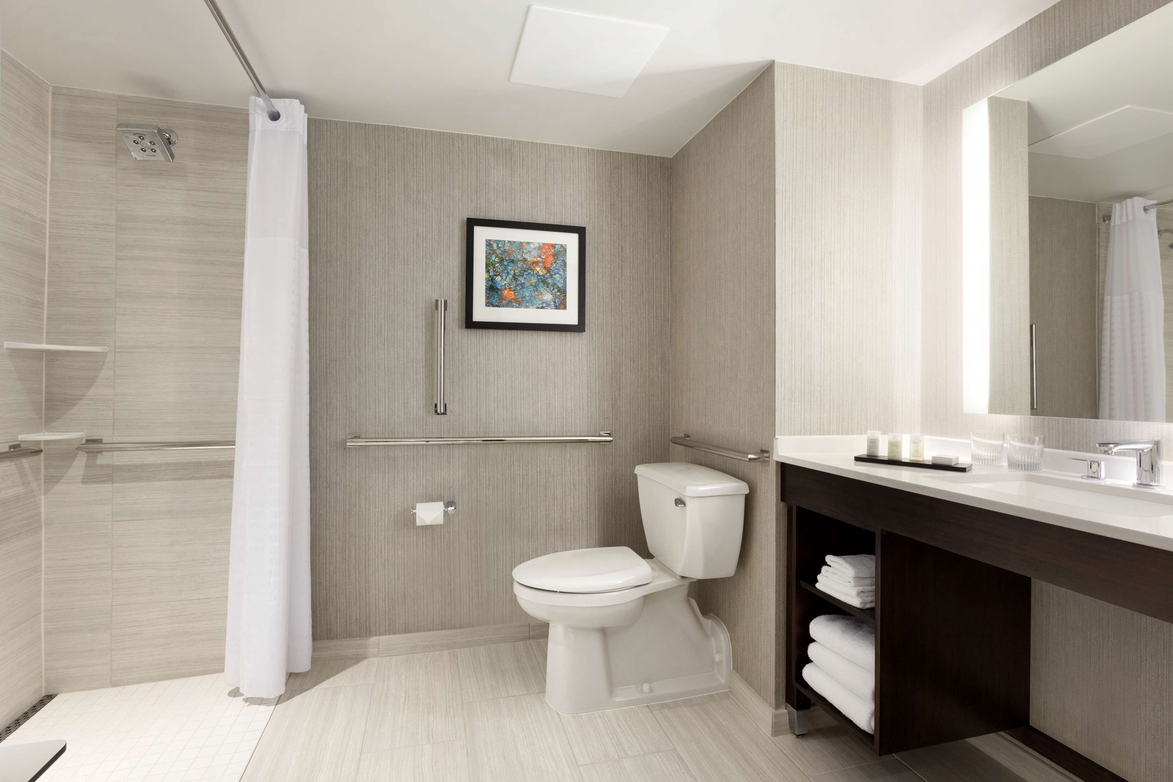 combined shower/bathtub, free toiletries, hair dryer, towels