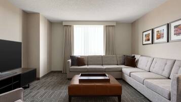 32-inch flat-screen TV with cable channels, TV, pay movies