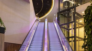 An indoor escalator in a modern building with glass railings and a curved ceiling. - Pullman Paris Montparnasse Hotel (Paris)