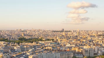 Vista panorámica de una ciudad densamente poblada con numerosos edificios y una estructura cúpula destacada.