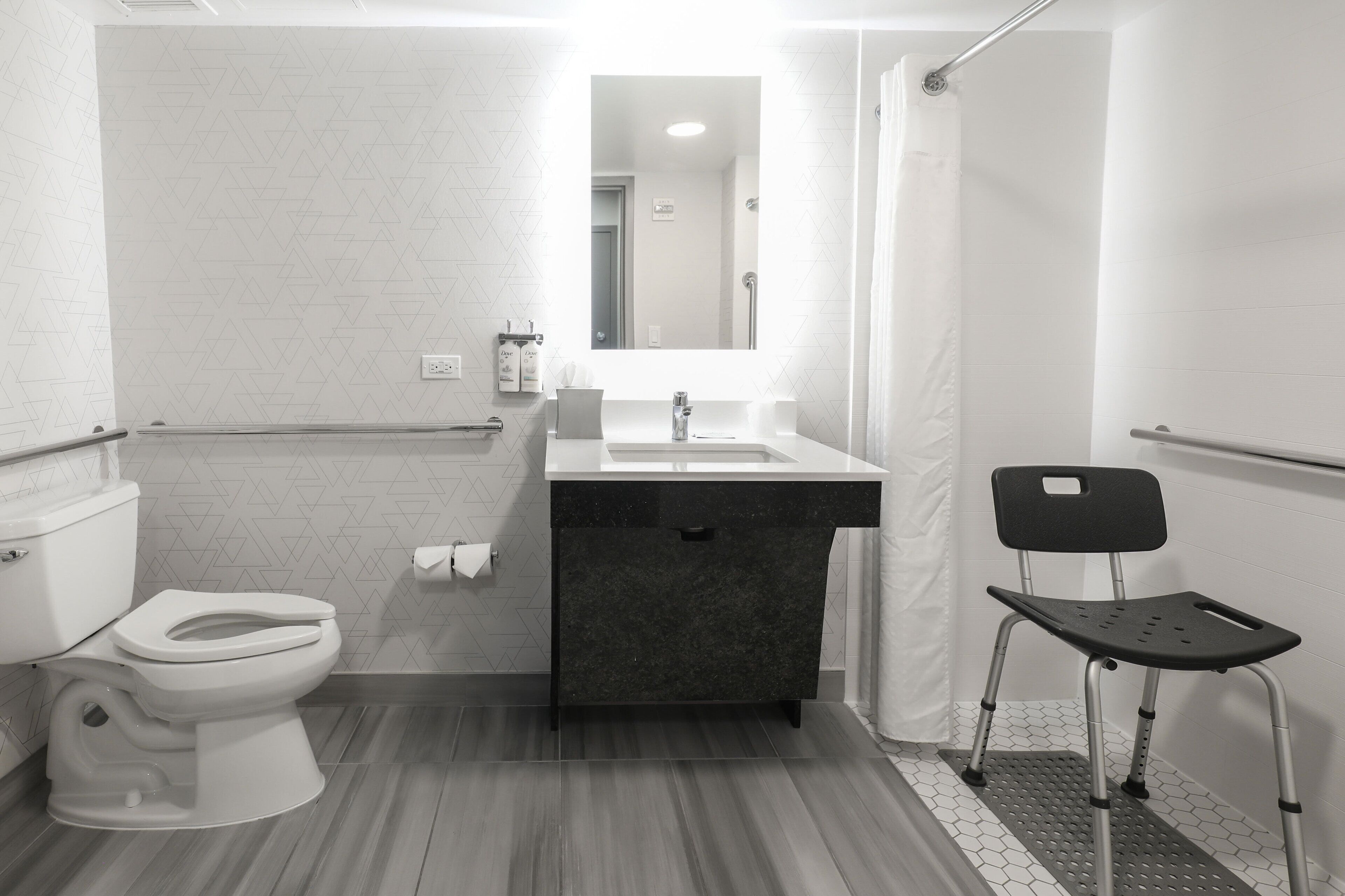 Desk, laptop workspace, blackout curtains, iron/ironing board