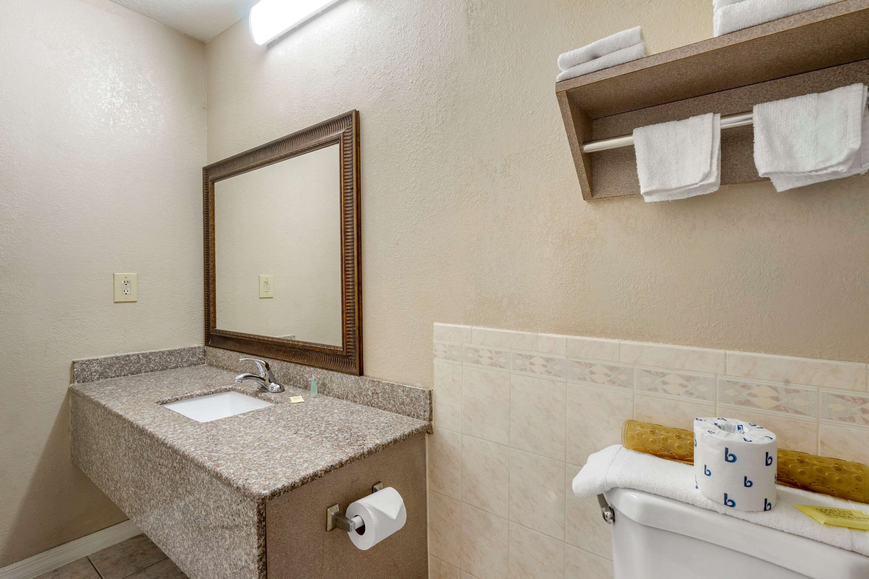 A bathroom with a granite countertop sink, a mirror, a toilet with a paper towel holder, and a towel rack.