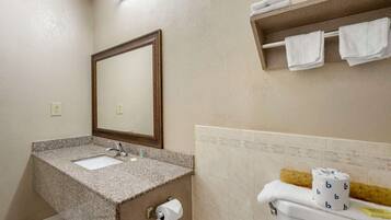 A bathroom with a granite countertop sink, a mirror, a toilet with a paper towel holder, and a towel rack.