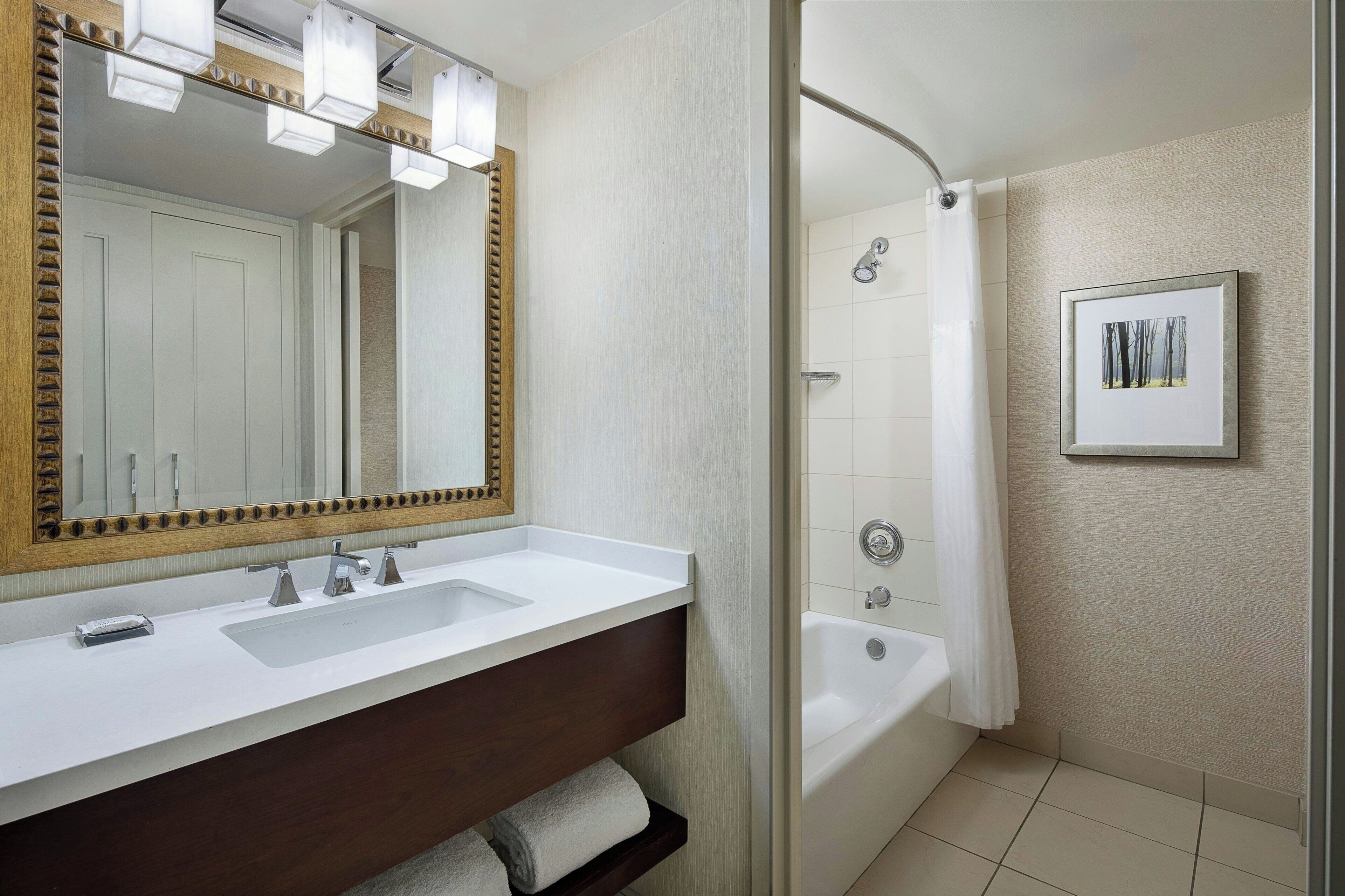 A modern bathroom with a white sink, a large mirror, a shower, and a framed picture on the wall.