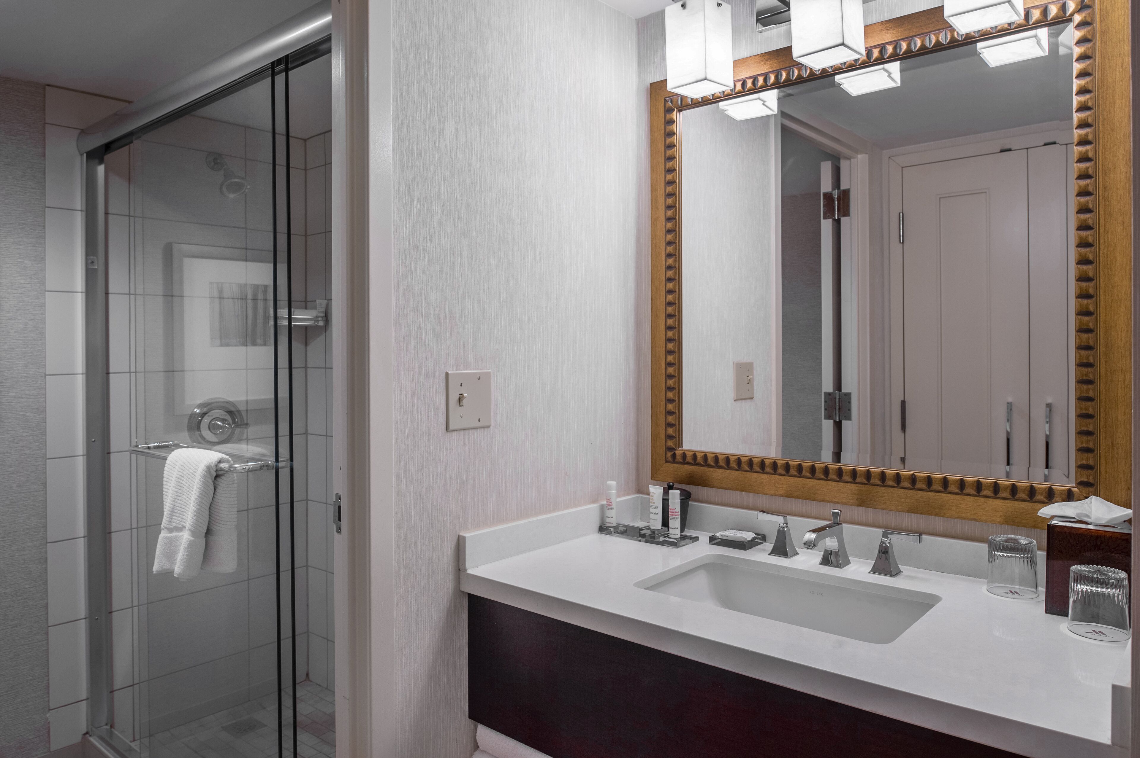 combined shower/bathtub, free toiletries, hair dryer, towels