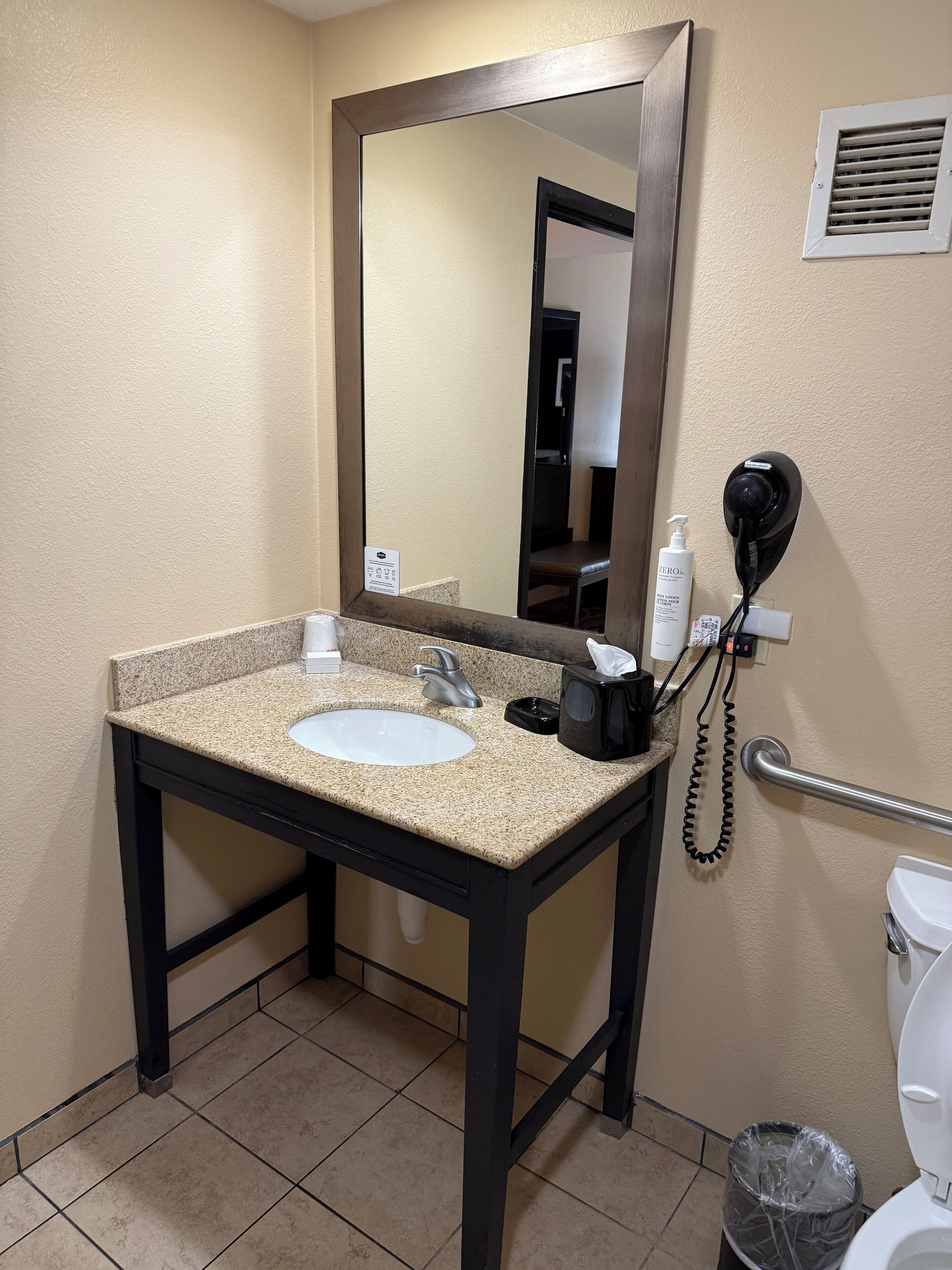 A bathroom with a sink, mirror, hairdryer, and toilet.