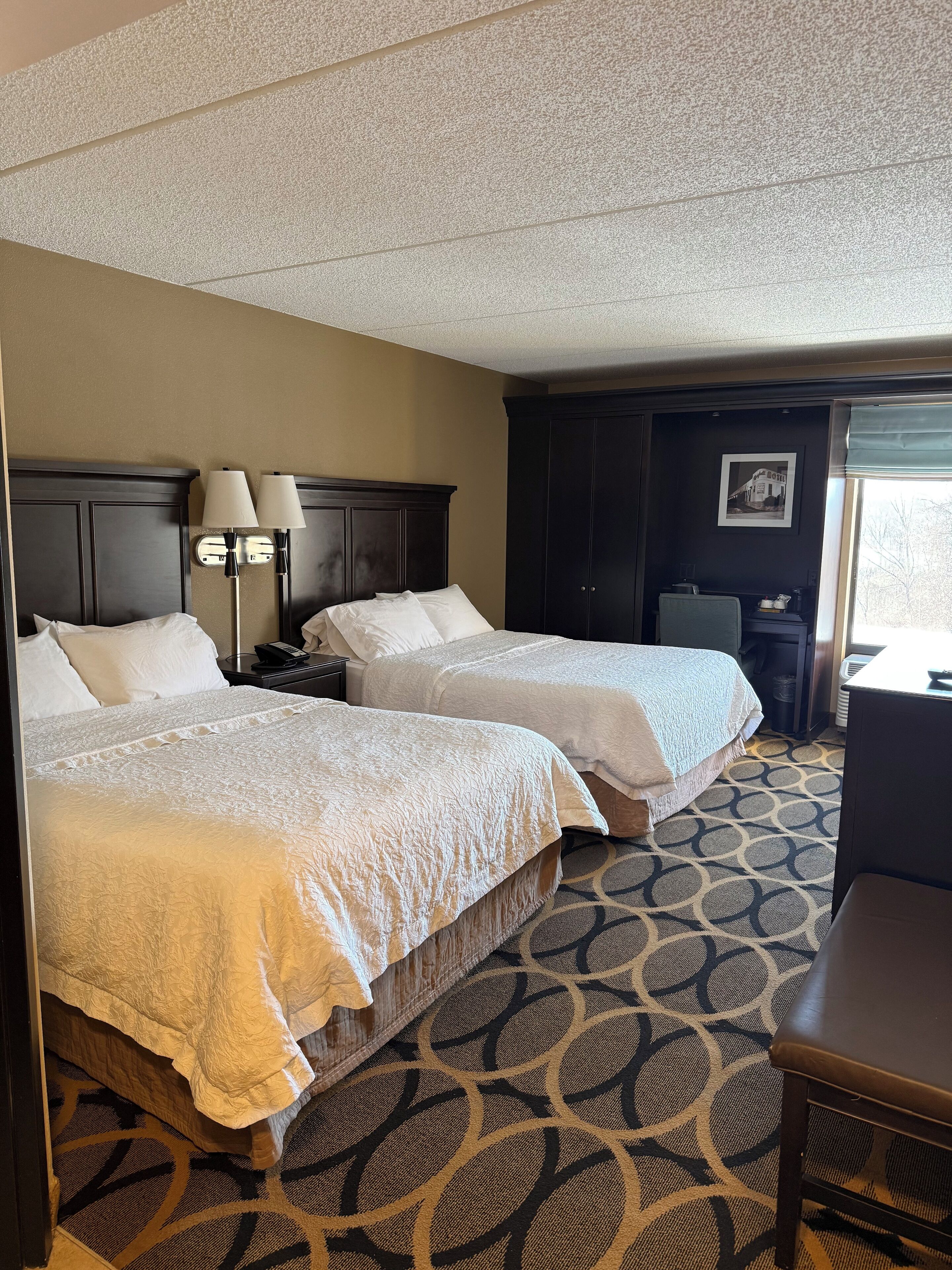 A hotel room with two beds, a desk, a chair, a wardrobe, and a window with a view.