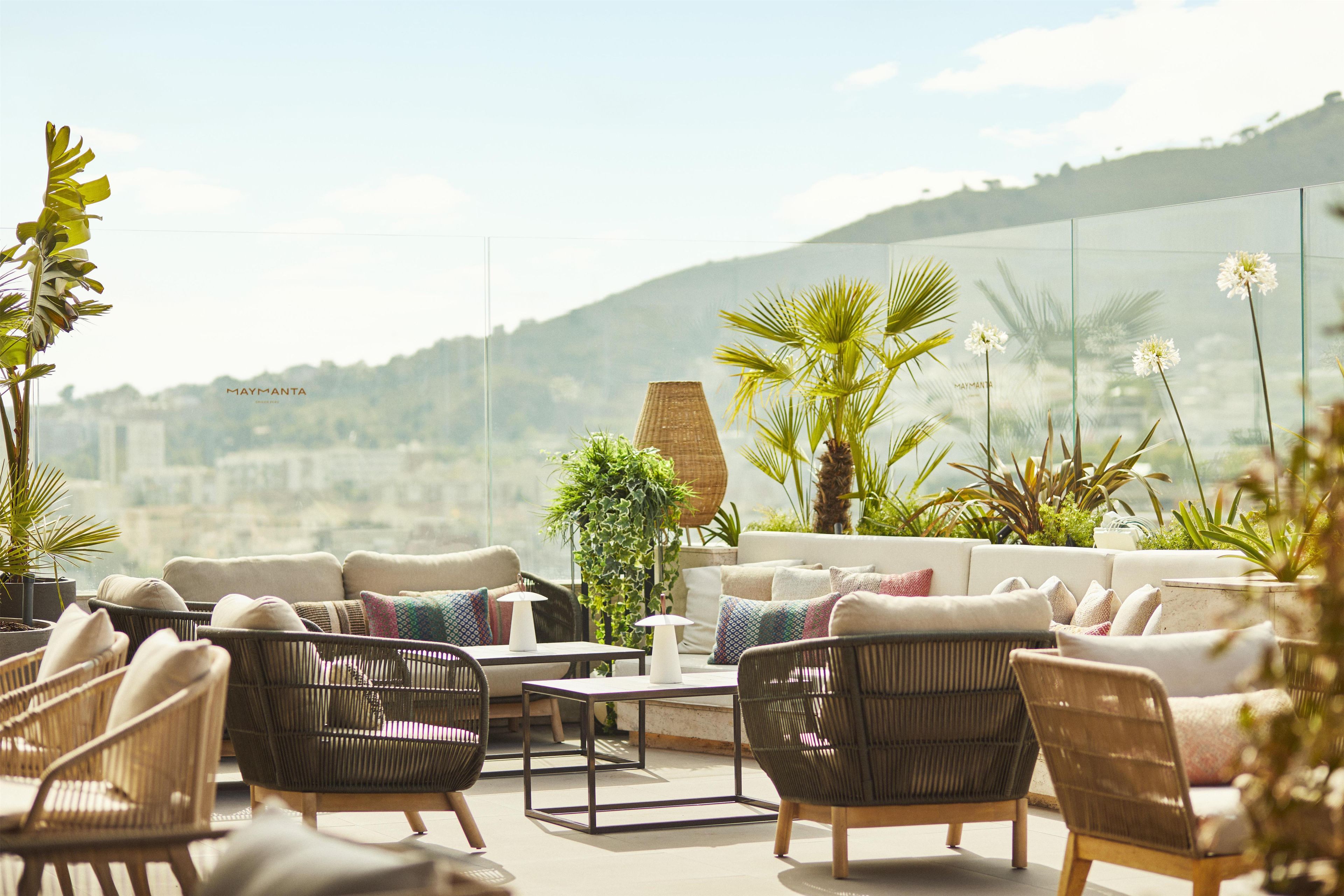 A rooftop terrace with wicker furniture, a table, and various plants.