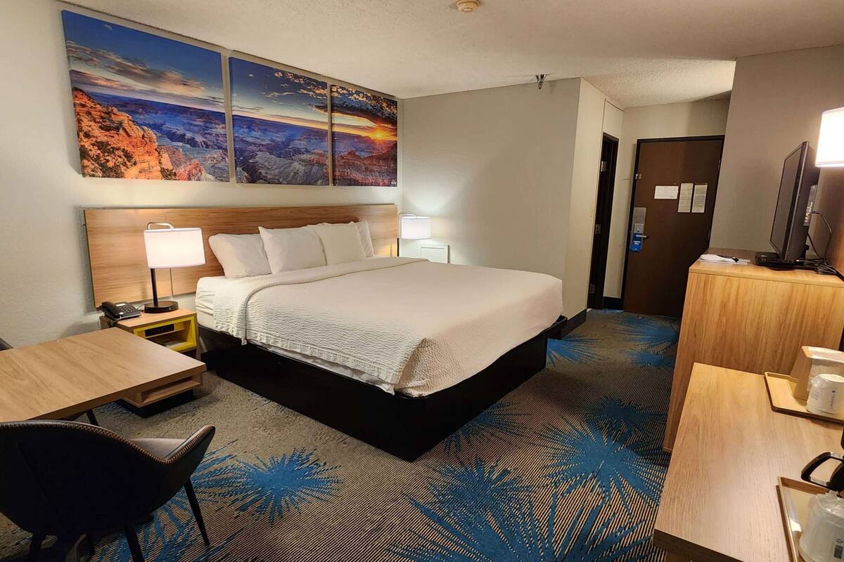 A hotel room with a bed, a desk, a chair, a desk lamp, a TV, and a painting of a canyon on the wall.