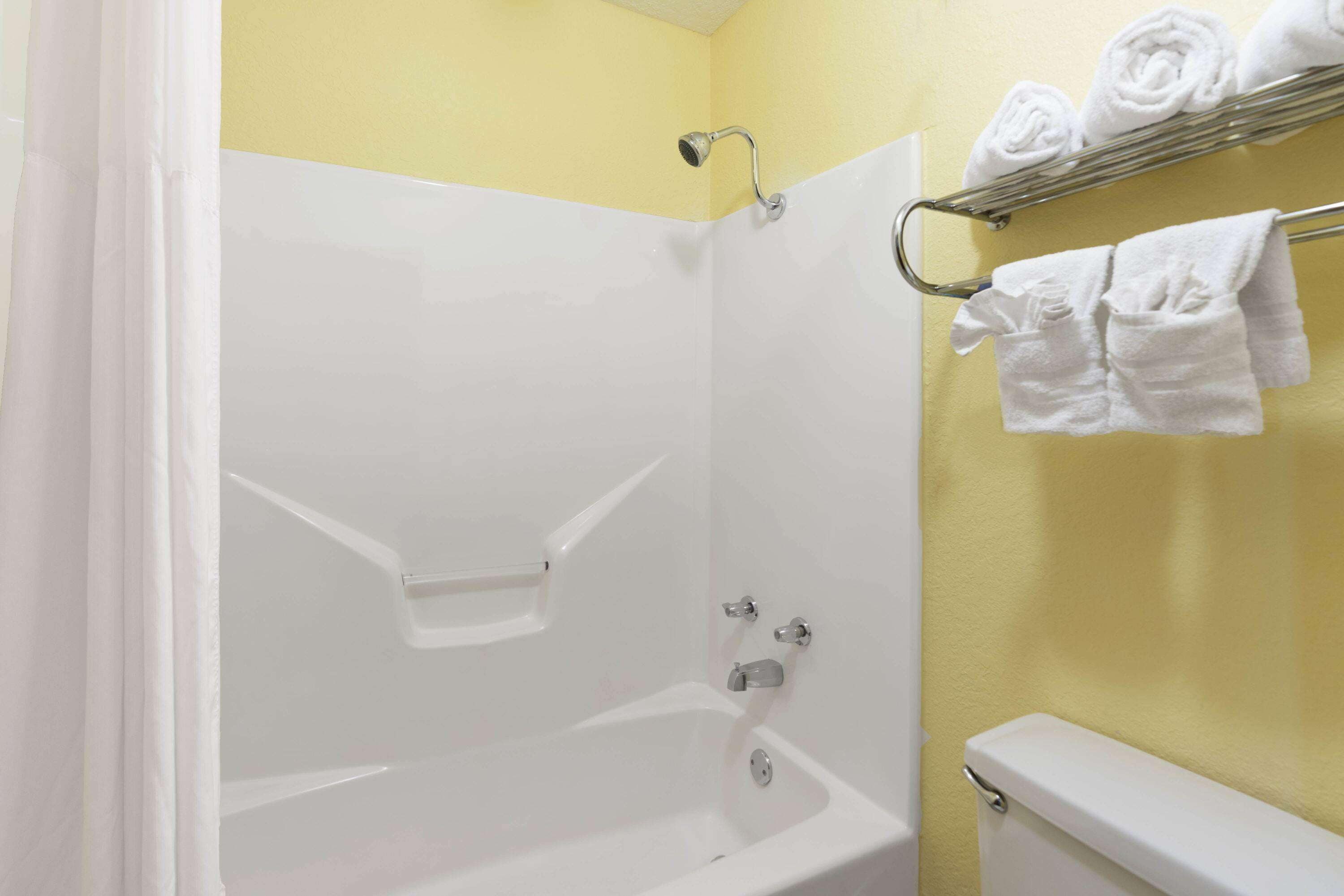 combined shower/bathtub, hair dryer, towels