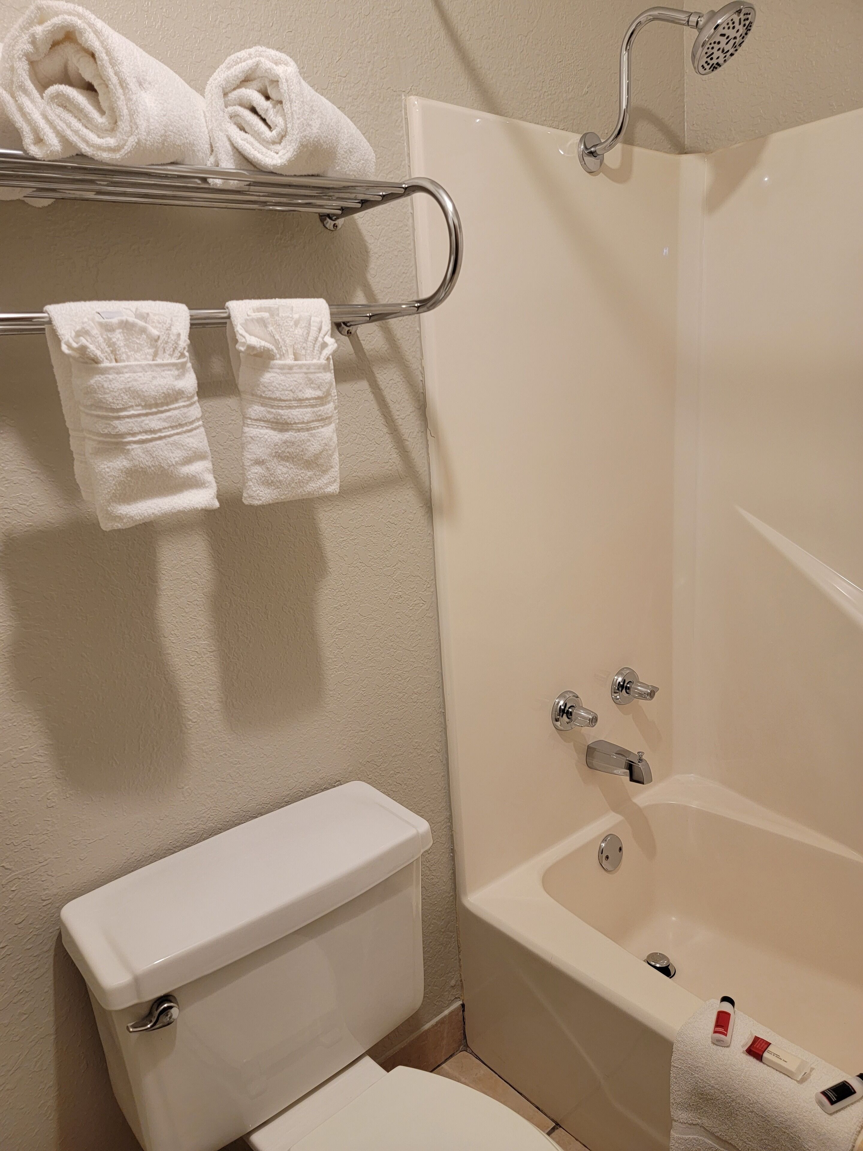 combined shower/bathtub, hair dryer, towels