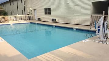 Outdoor pool, pool umbrellas, pool loungers