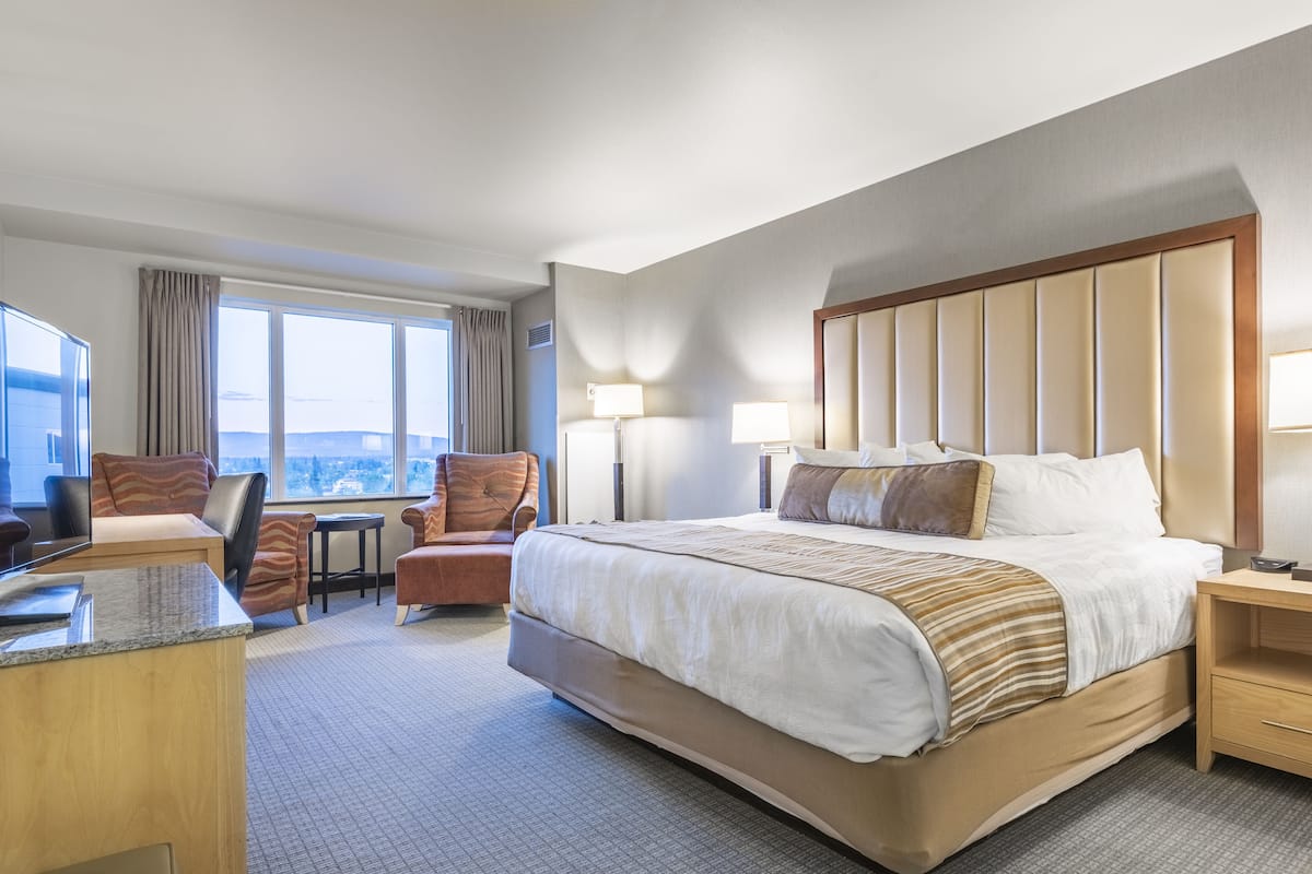 desk, laptop workspace, blackout curtains, iron/ironing board