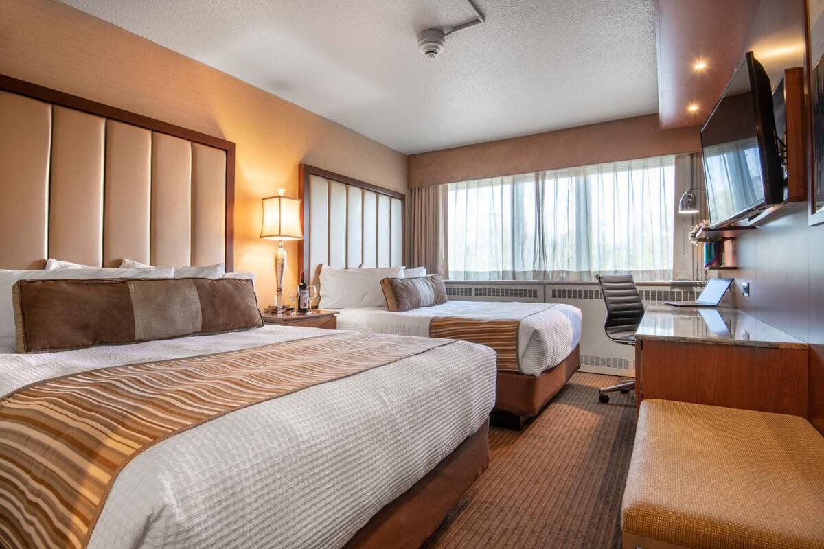 desk, laptop workspace, blackout curtains, iron/ironing board