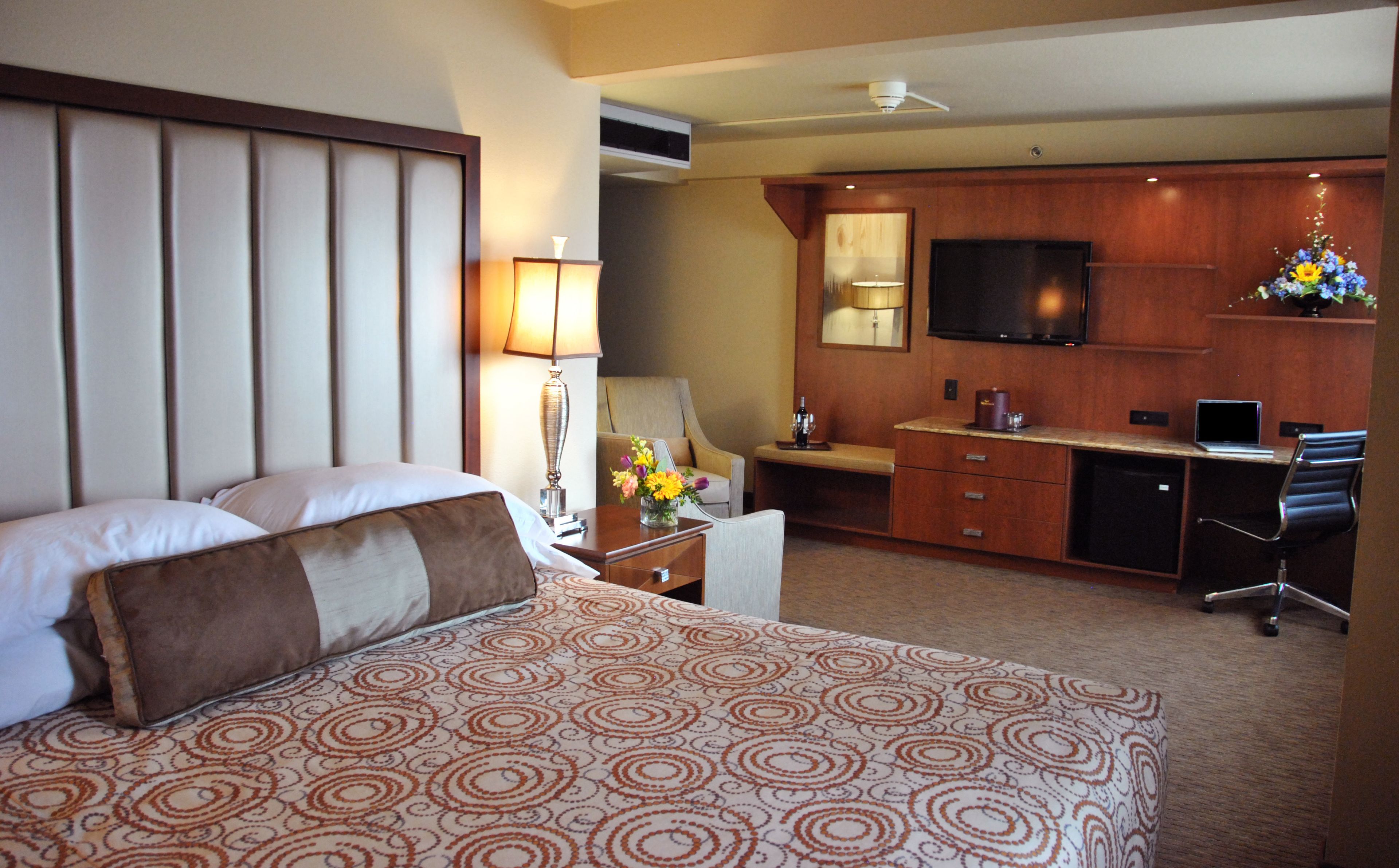 desk, laptop workspace, blackout curtains, iron/ironing board