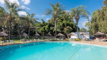 Una piscina azul cristalina rodeada de sillones de playa y sombrillas de paja, con palmeras y un cielo despejado al fondo.
