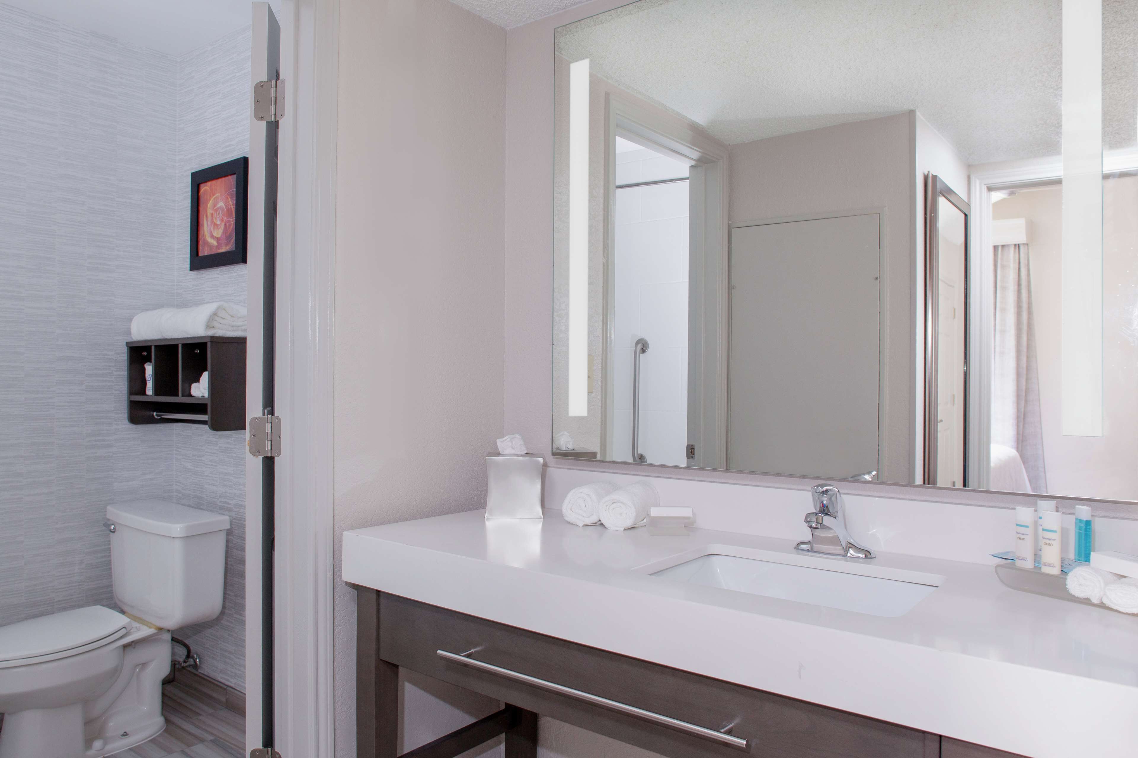 Un baño moderno con un lavamanos blanco, un espejo grande y un inodoro.
