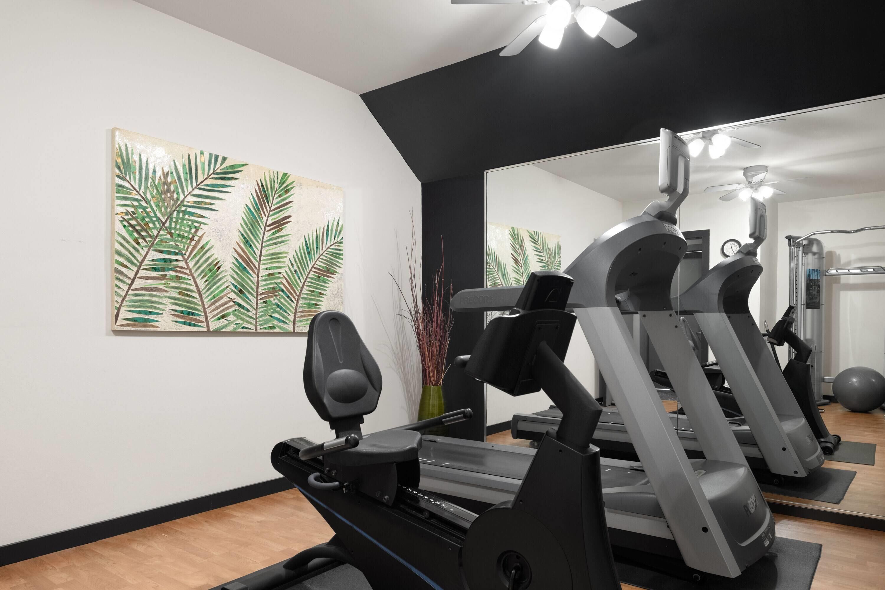 Et fitnessrum med løbebånd og træningsudstyr, et stort spejl og et maleri af palmeblade på væggen.