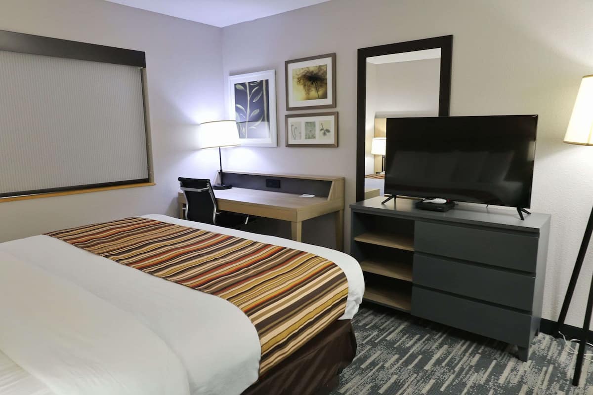 A hotel room with a bed, a desk, a television, and a mirror.