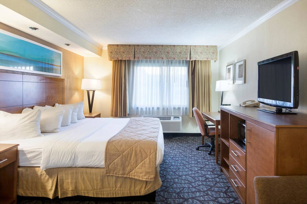 A hotel room with a large bed, a desk, a television, and a window with curtains.