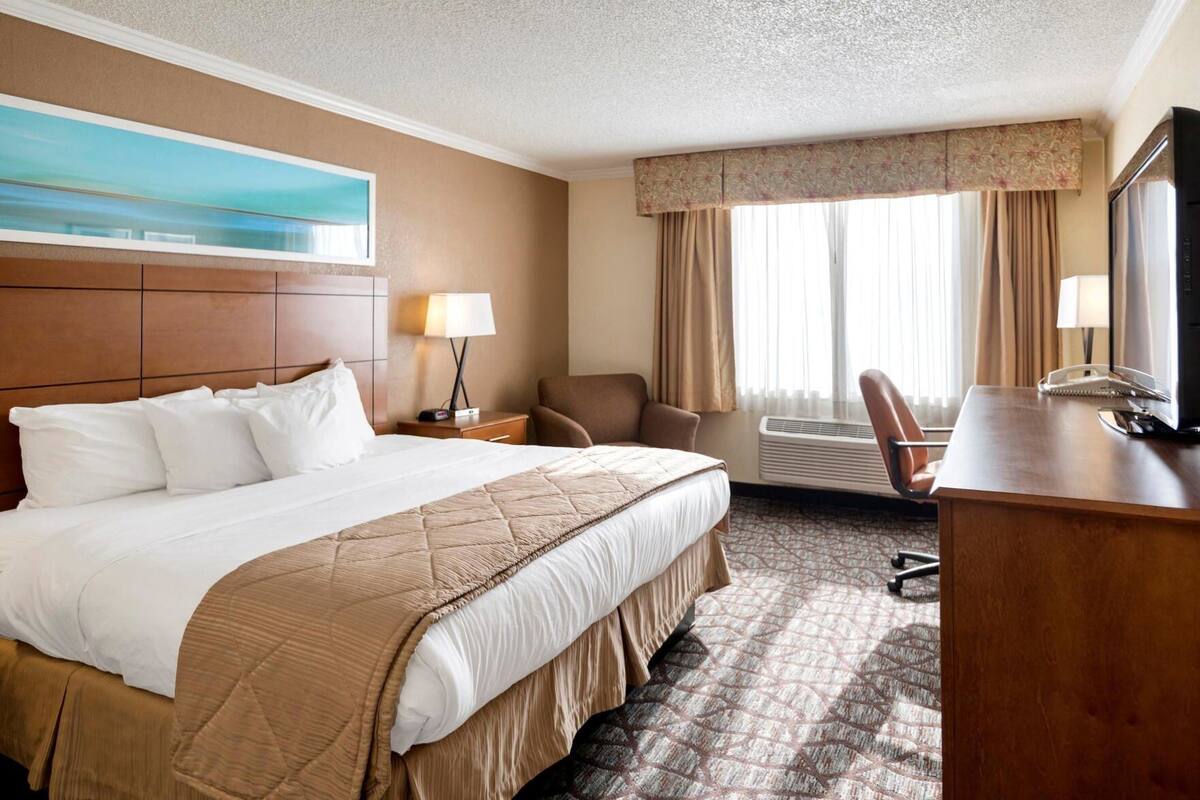 A hotel room with a large bed, a desk, a chair, a TV, and a painting on the wall.