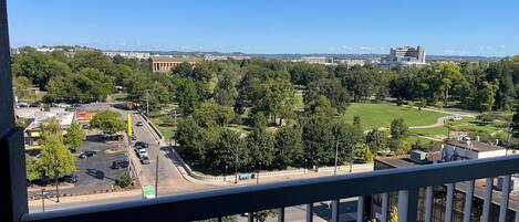 Vista desde un balcón sobre un estacionamiento con varios coches, un área verde y edificios a lo lejos.