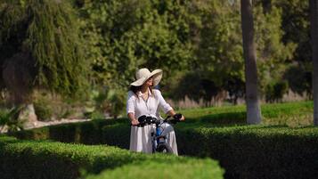 Una persona montando en bicicleta en un parque con setos bien cuidados y árboles al fondo.