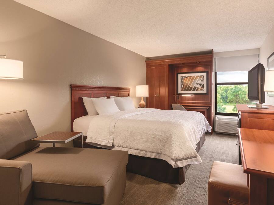 A hotel room with a bed, a desk, a chair, a sofa, and a television.