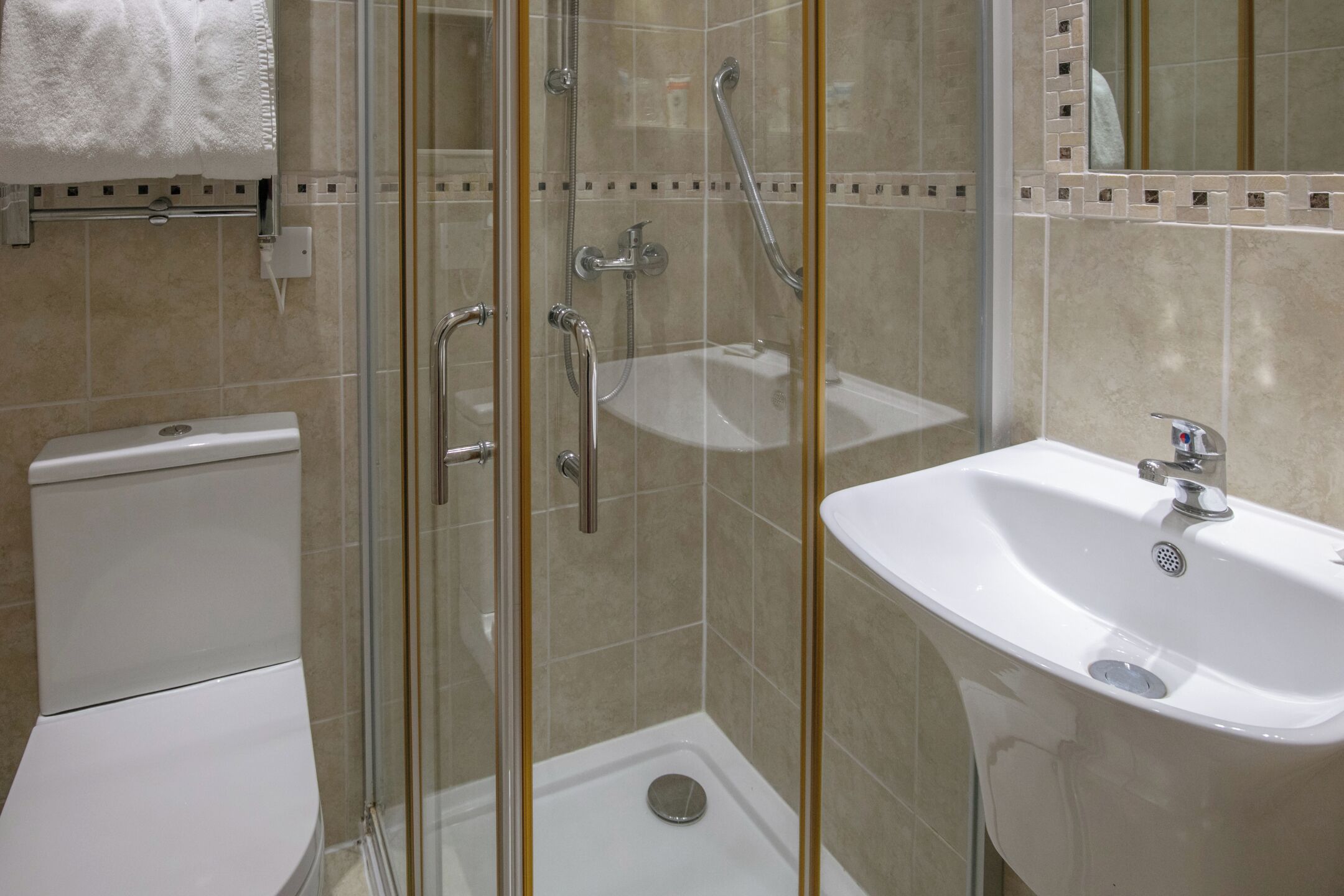 A bathroom with a glass-enclosed shower, a white sink, and a toilet.