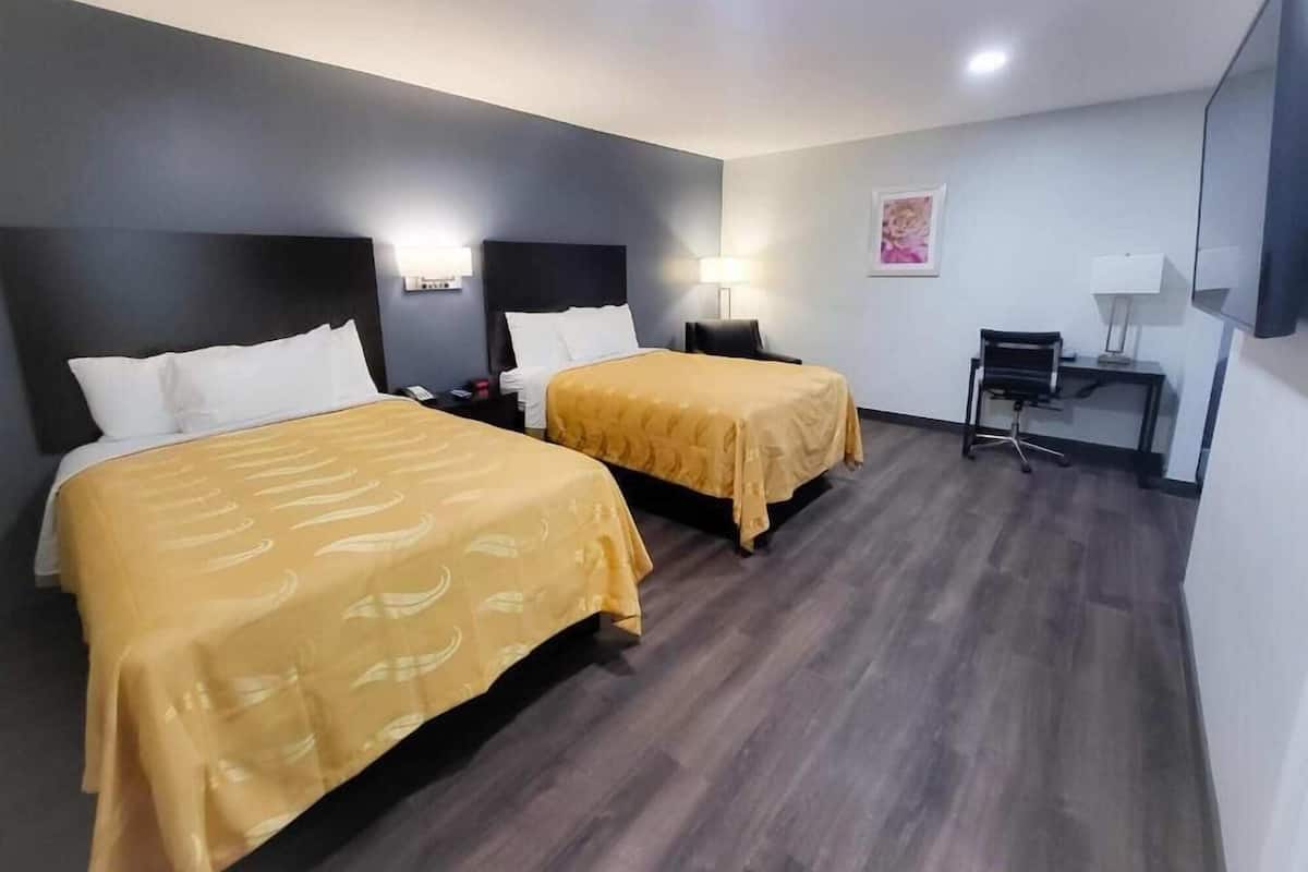 A hotel room with two beds, a desk, a chair, a TV, and a nightstand with a lamp.