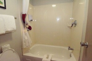 Une salle de bain avec une baignoire, des toilettes et un rideau de douche.