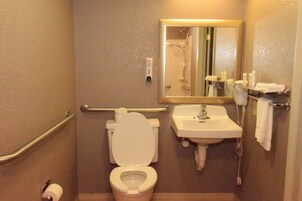 Combined shower/tub, hair dryer, towels