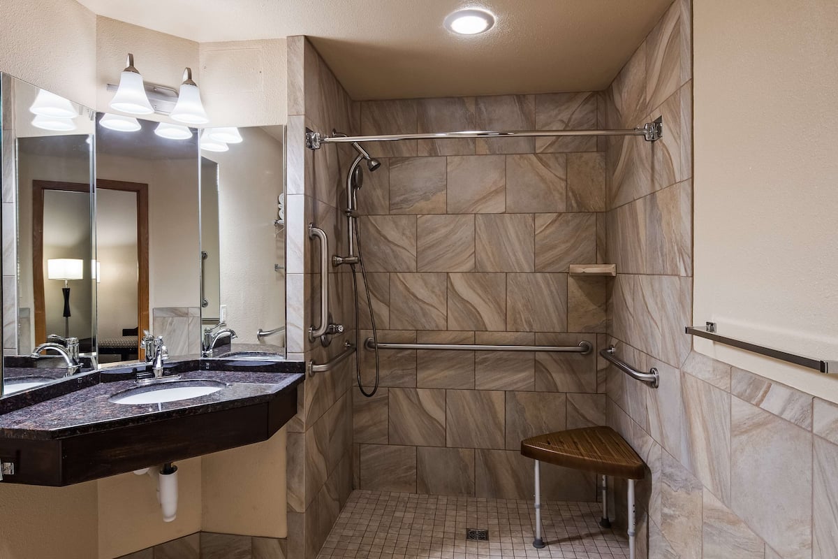 standard room, 1 king bed, accessible, jetted tub | bathroom | free toiletries, hair dryer, towels