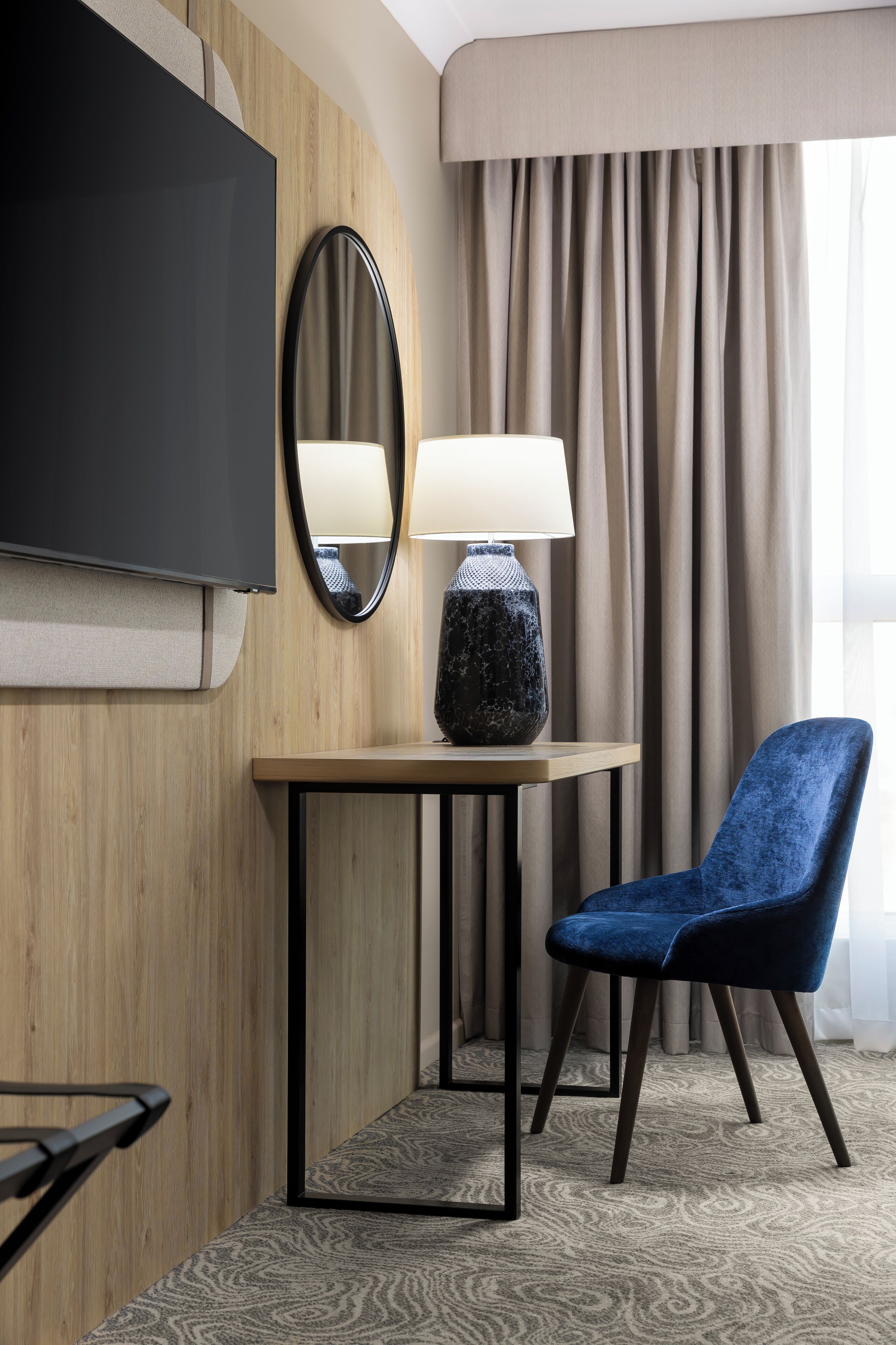 1 bedroom, desk, blackout curtains, iron/ironing board