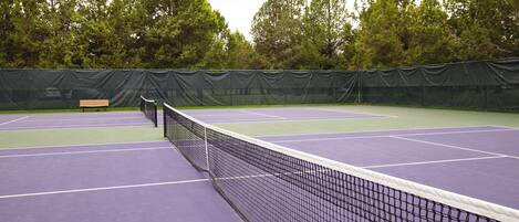A tennis court with a net, green fence, and trees in the background.