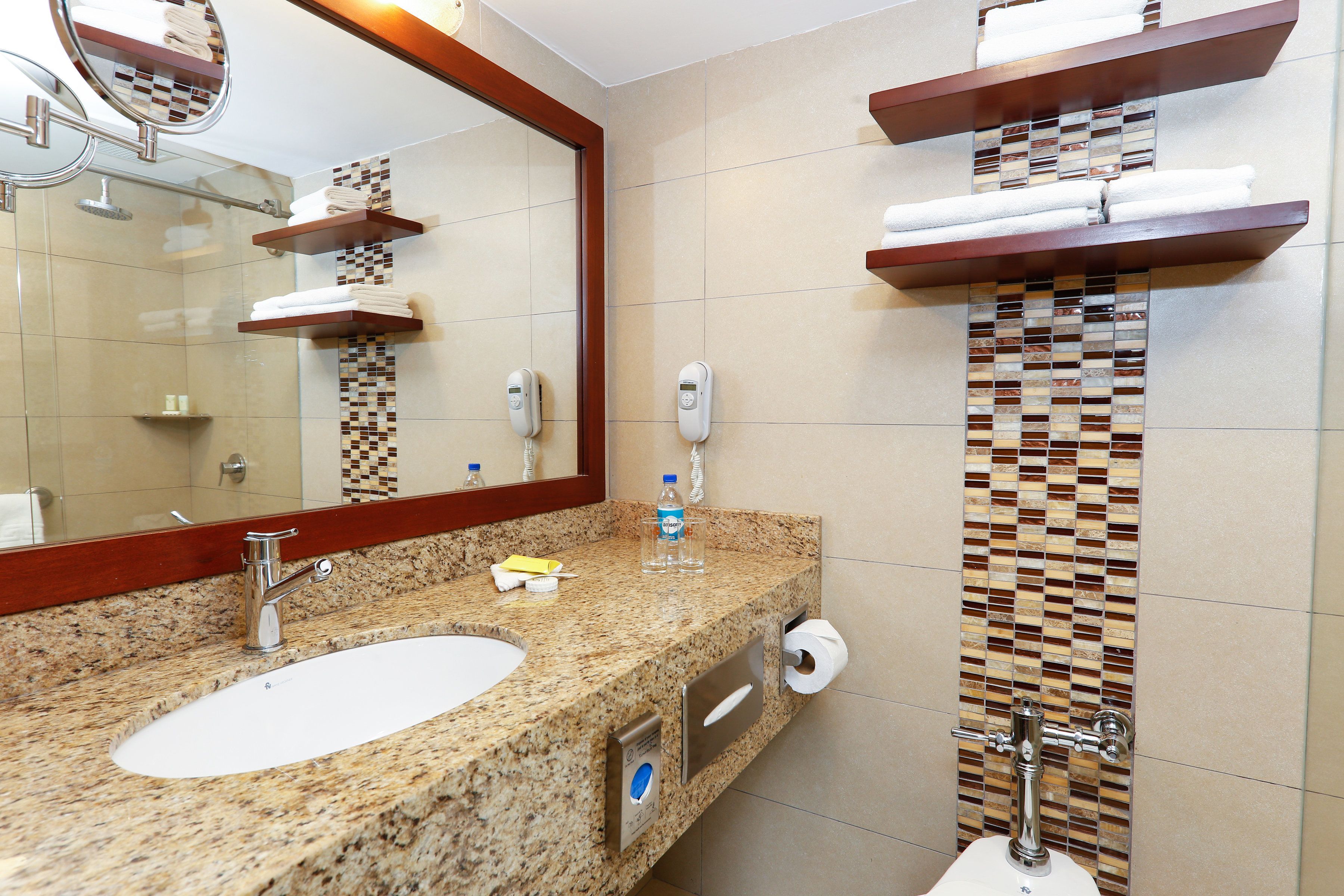 combined shower/bathtub, free toiletries, hair dryer, towels