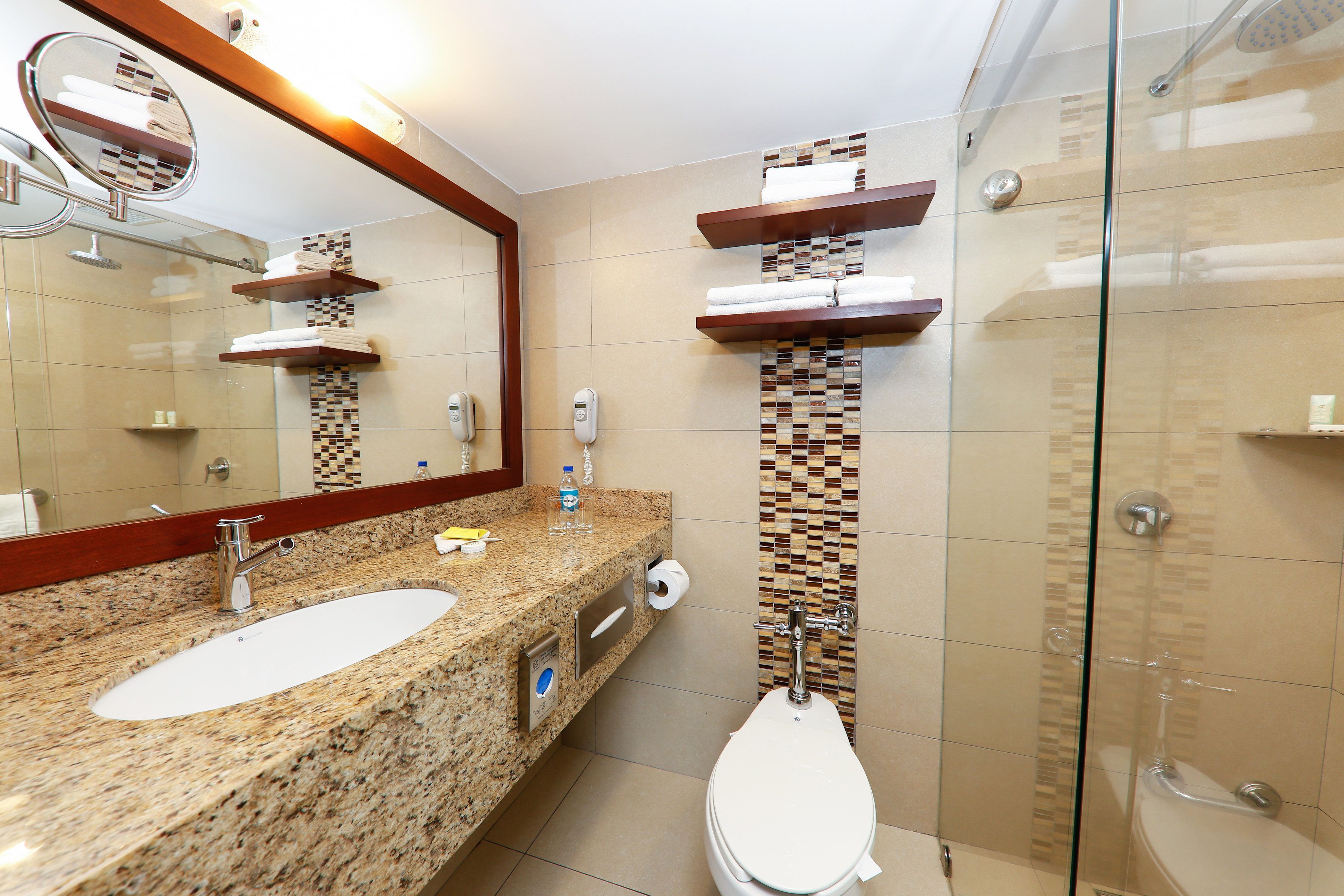 combined shower/bathtub, free toiletries, hair dryer, towels