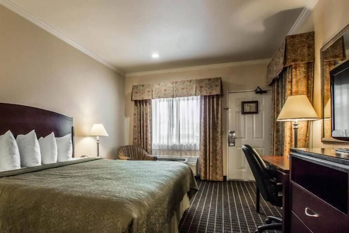 A hotel room with a bed, a desk, a chair, a television, and a window with curtains.