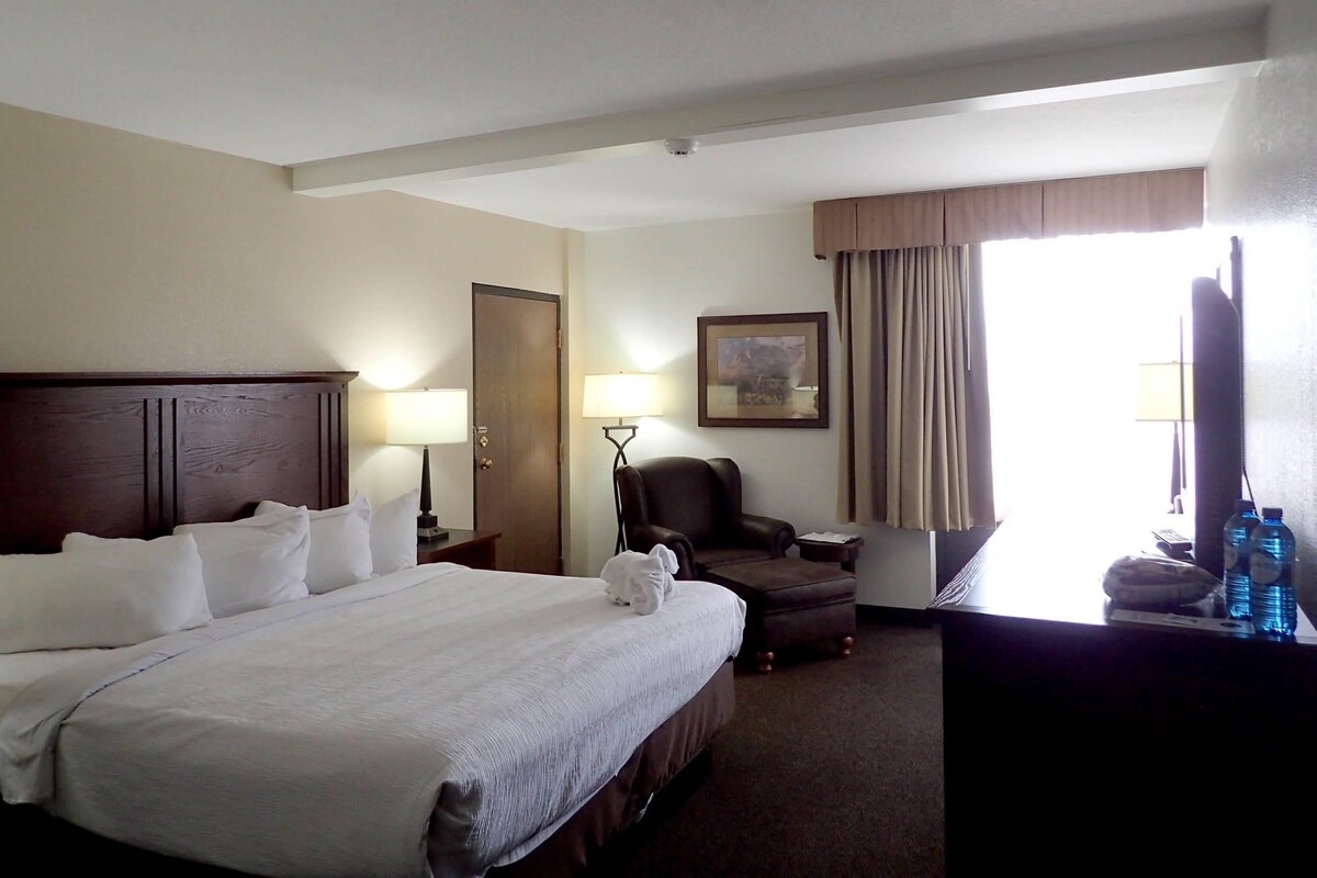 Een hotelkamer met een groot bed, een stoel, een bureau en een televisie.