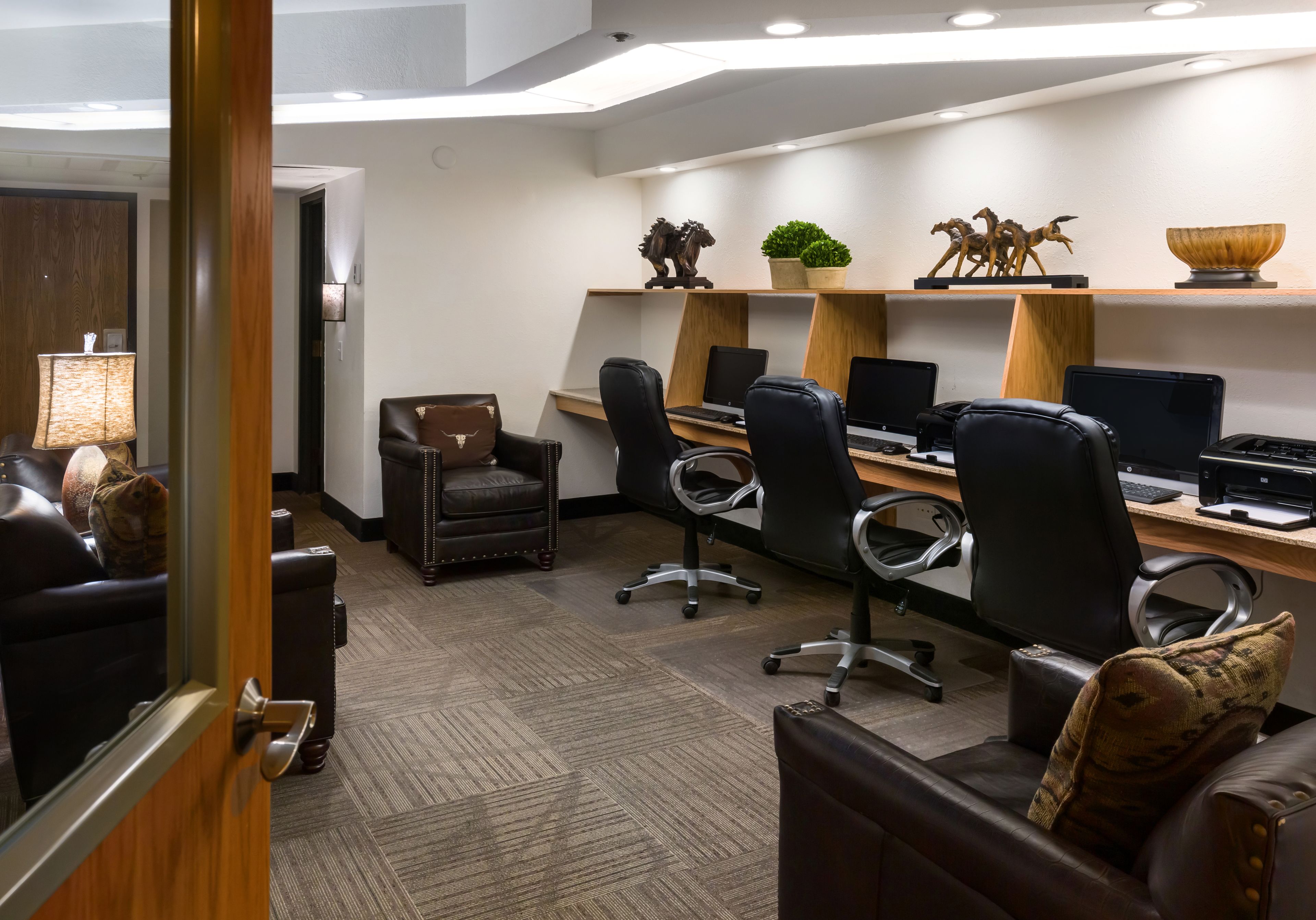 A modern office space with leather chairs, desks, and computers. There are decorative items on shelves, including a plant and figurines.