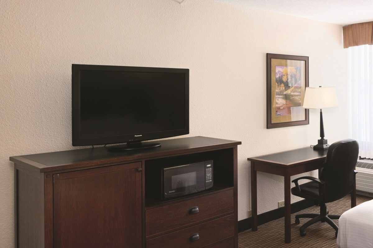 Quarto de hotel com televisão de tela plana, micro-ondas, escrivaninha com cadeira e um quadro na parede.
