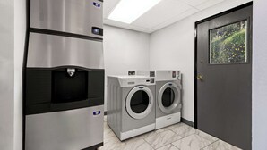 Lavandería con electrodomésticos de acero inoxidable, dispensador de agua y una puerta decorada con un motivo natural.