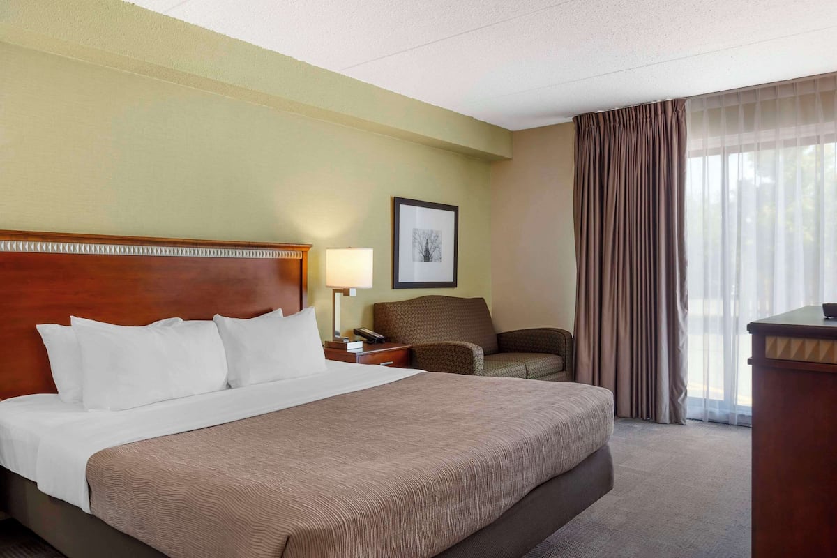 A hotel room with a large bed, a wooden headboard, a nightstand with a lamp, a framed picture on the wall, a chair, and a window with curtains.